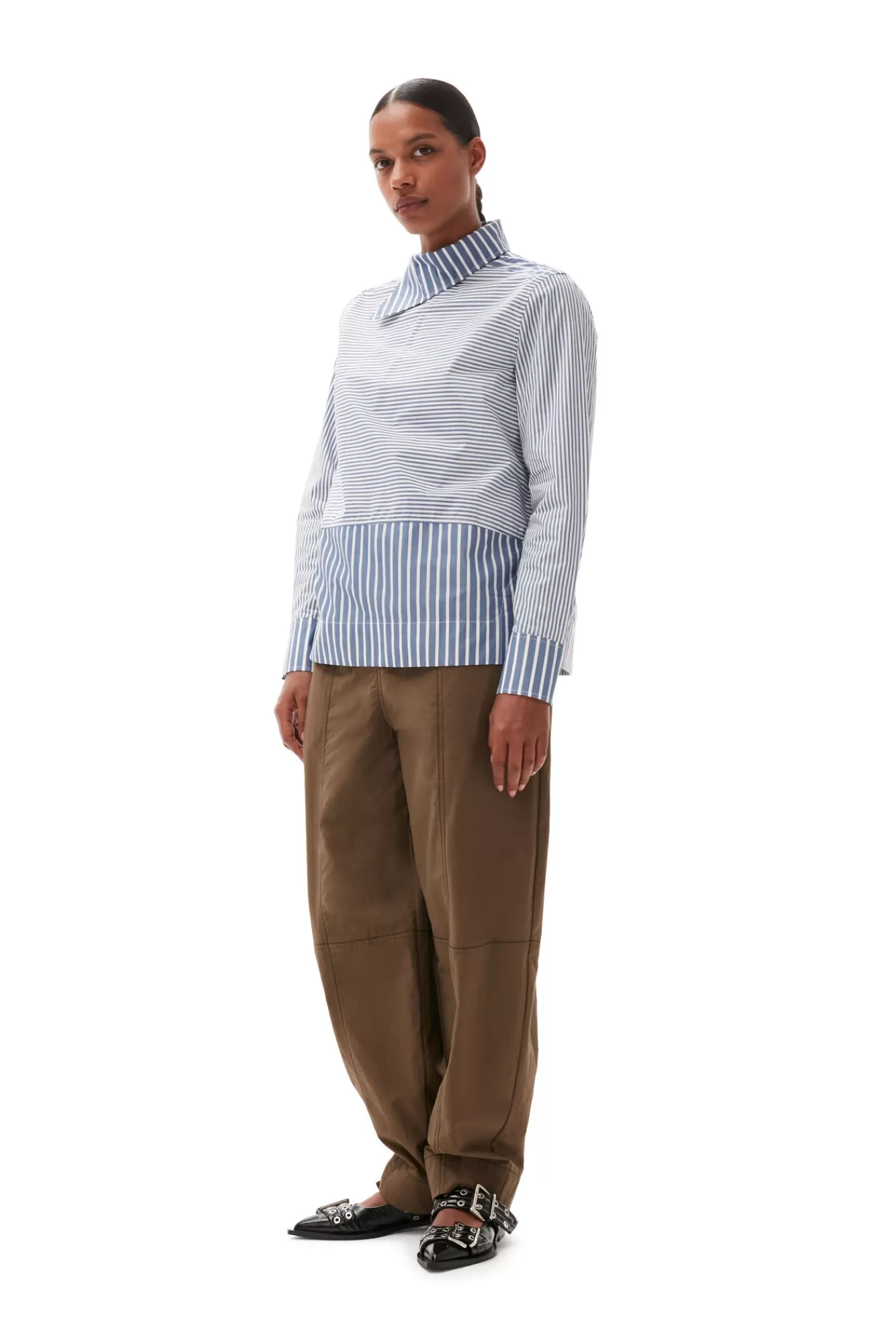 Asymmetrical Stripe Collar Shirt>GANNI Cheap