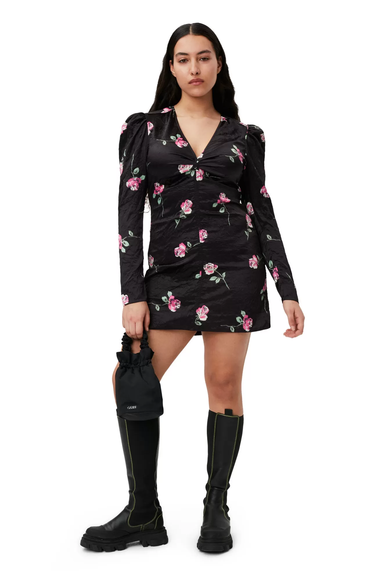 Crinkled Satin V-Neck Mini Dress>GANNI Best