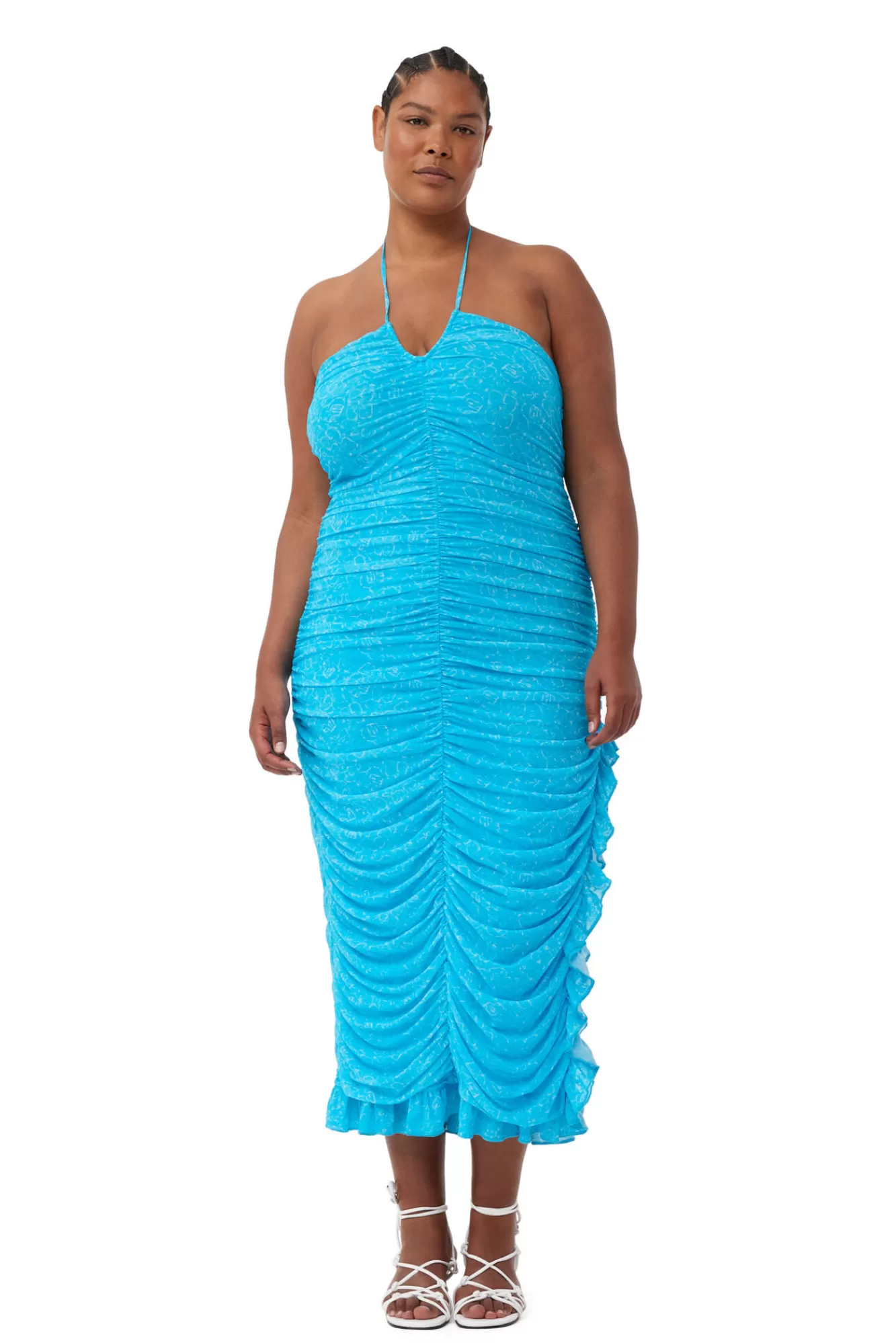X Ester Manas Printed Mesh Halterneck Gather Dress>GANNI Shop