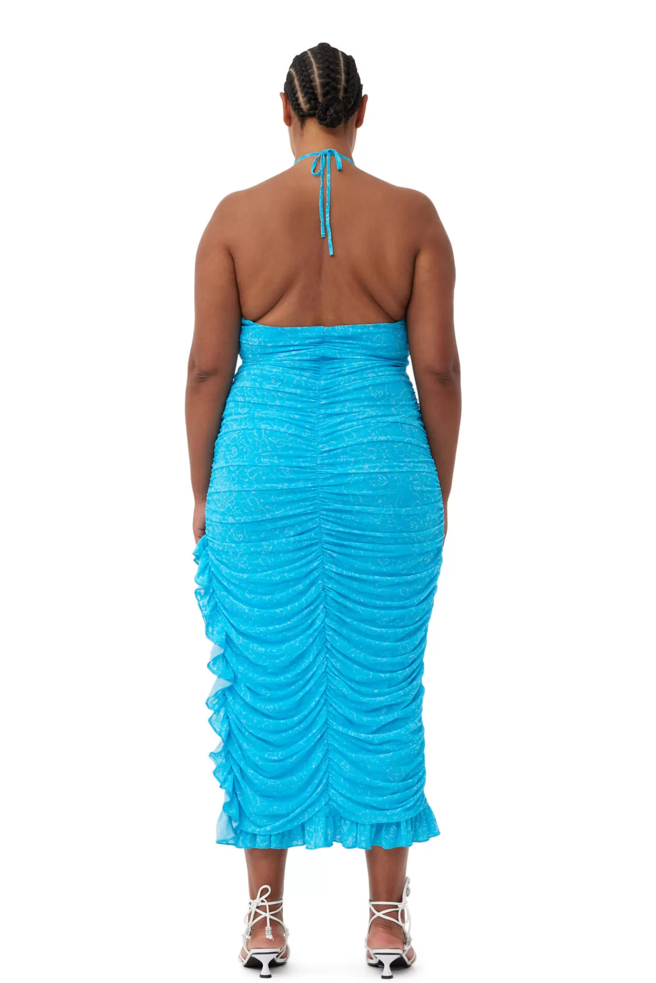X Ester Manas Printed Mesh Halterneck Gather Dress>GANNI Shop