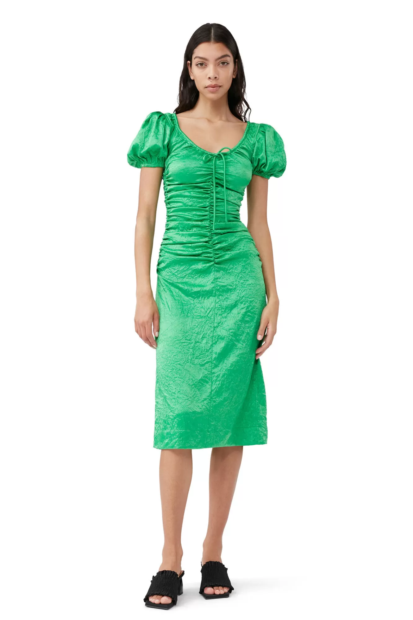 Green Crinkled Satin Midi Dress>GANNI Best Sale