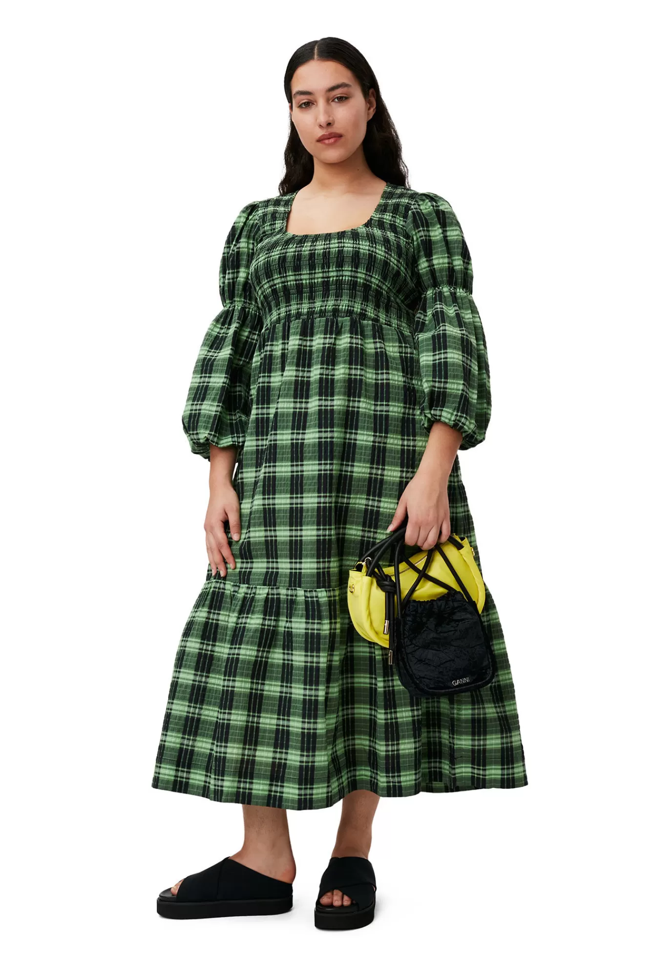 Green Seersucker Check Maxi Smock Dress>GANNI Discount