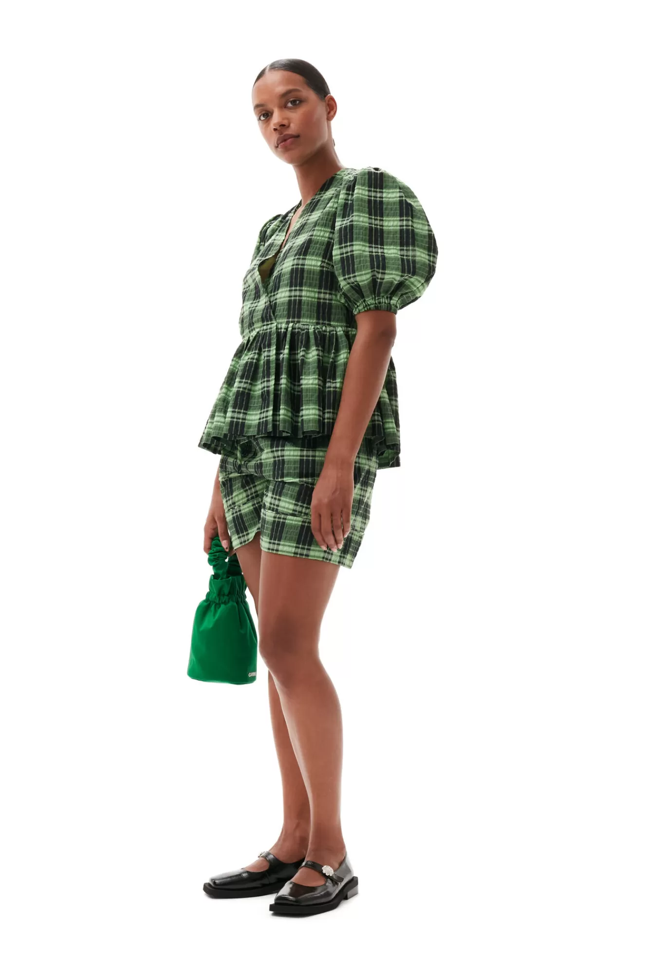 Green Seersucker Check Wrap Blouse>GANNI Discount