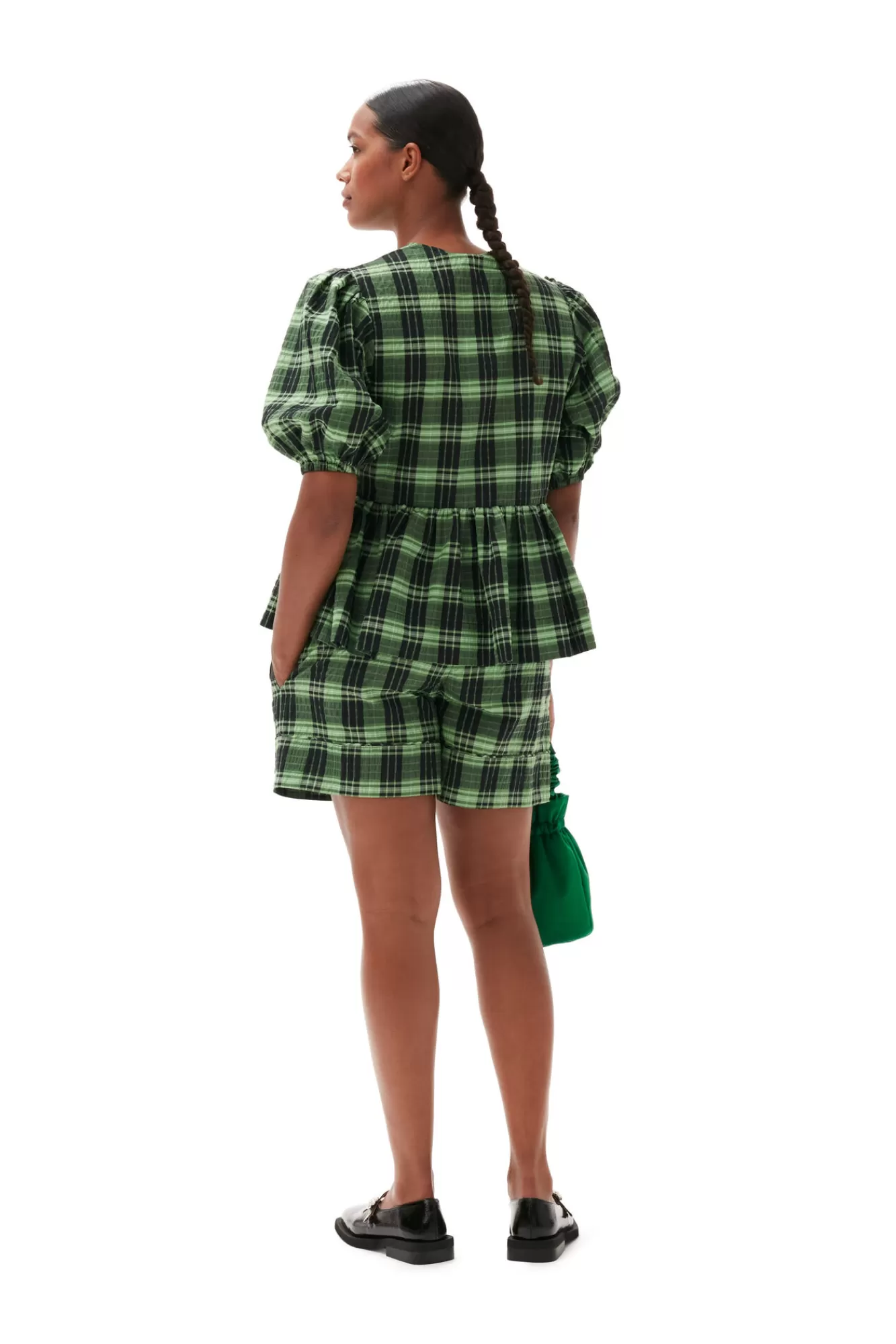 Green Seersucker Check Wrap Blouse>GANNI Discount