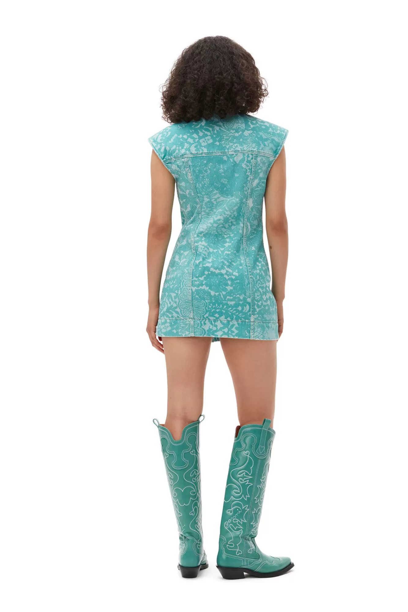 Lace Printed Denim Mini Dress>GANNI Online