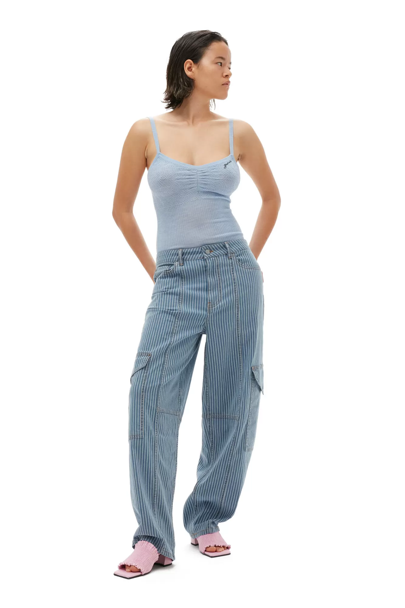 Light Stripe Denim Cargo Pants>GANNI Best Sale