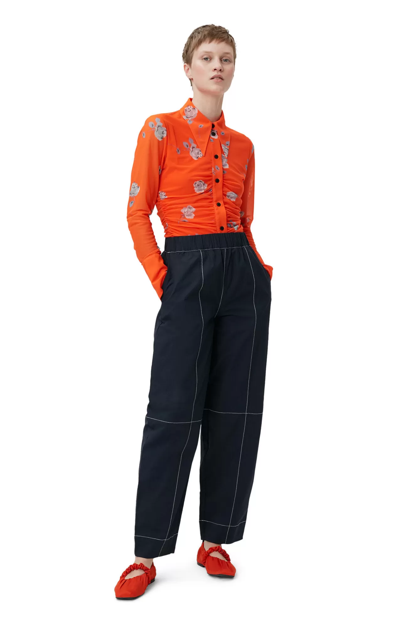 Orange Printed Mesh Ruched Shirt>GANNI Discount