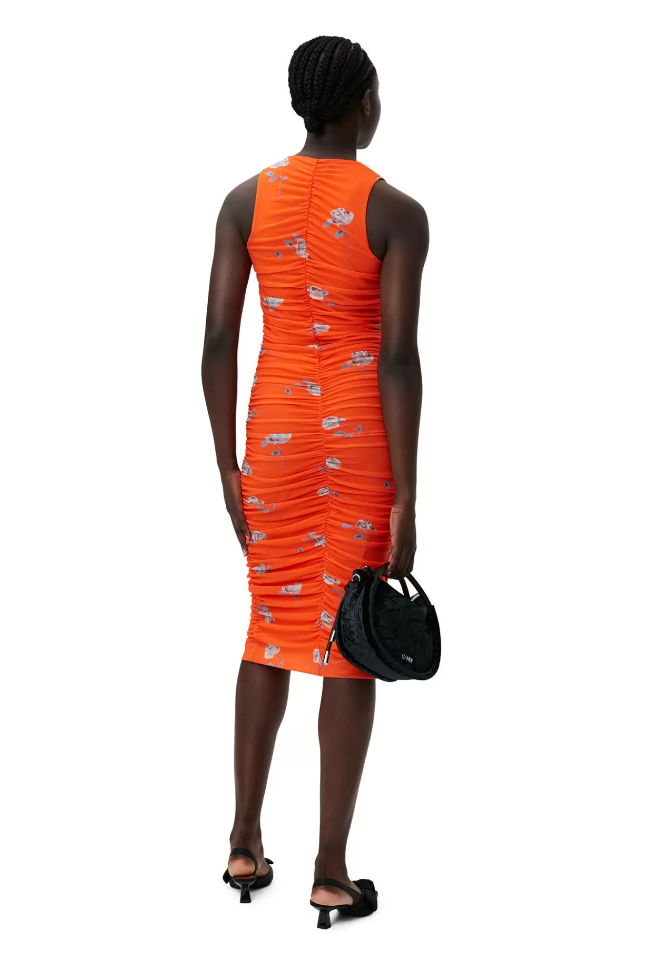 Orange Printed Ruched Mesh Midi Dress>GANNI Shop