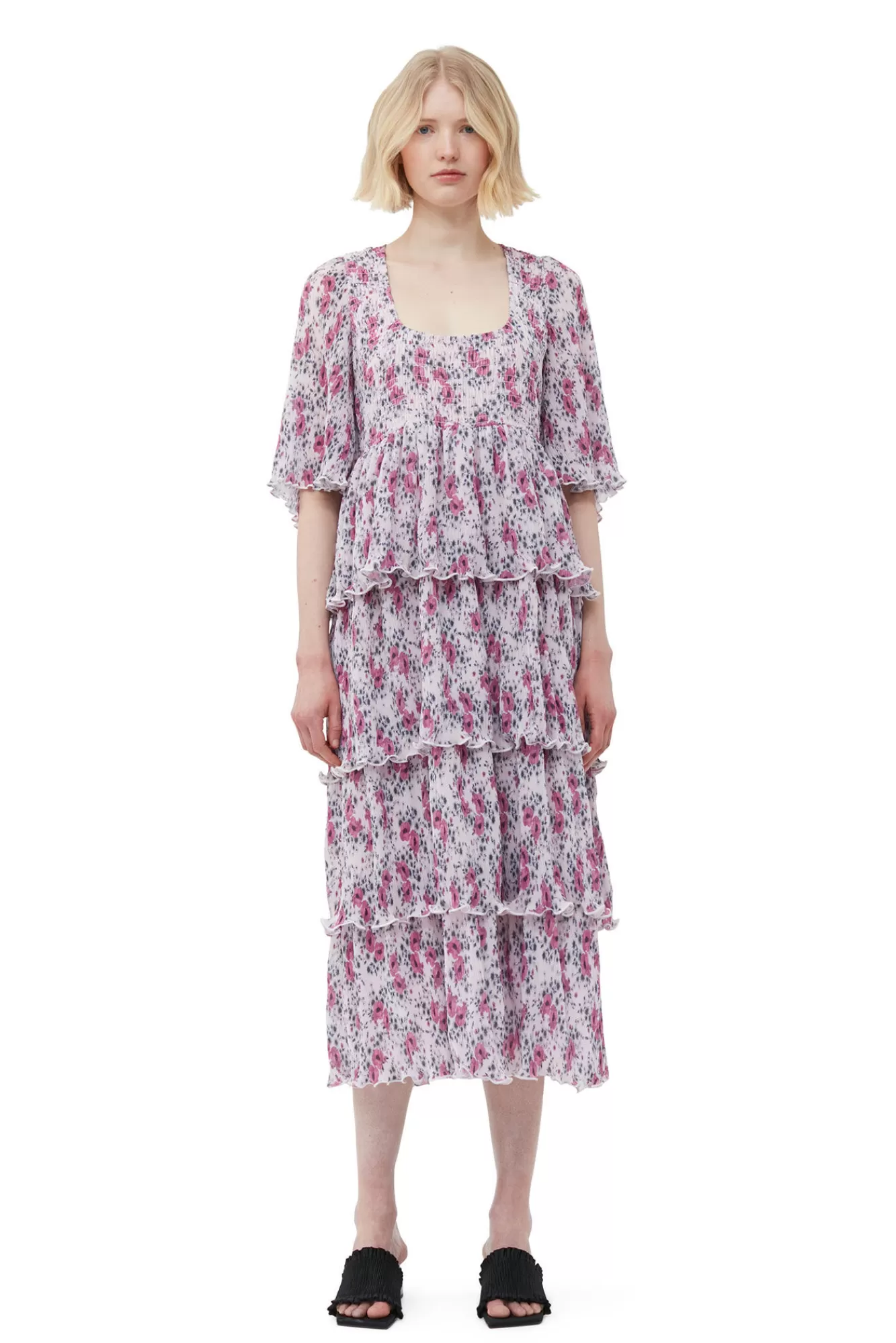 Pleated Georgette Flounce Smock Midi Dress>GANNI Best