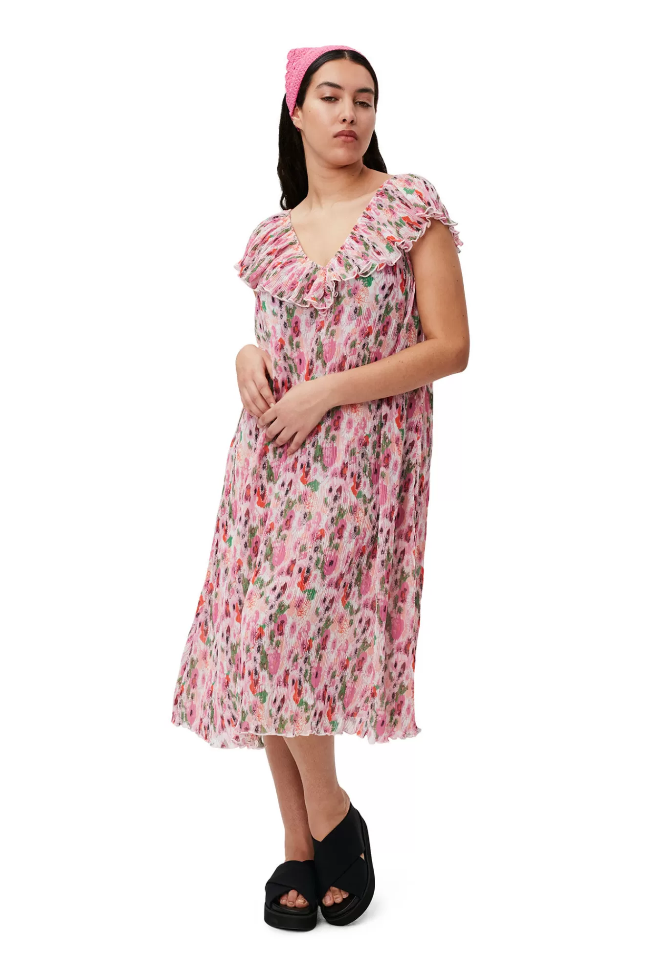 Pleated Georgette Midi Dress>GANNI New