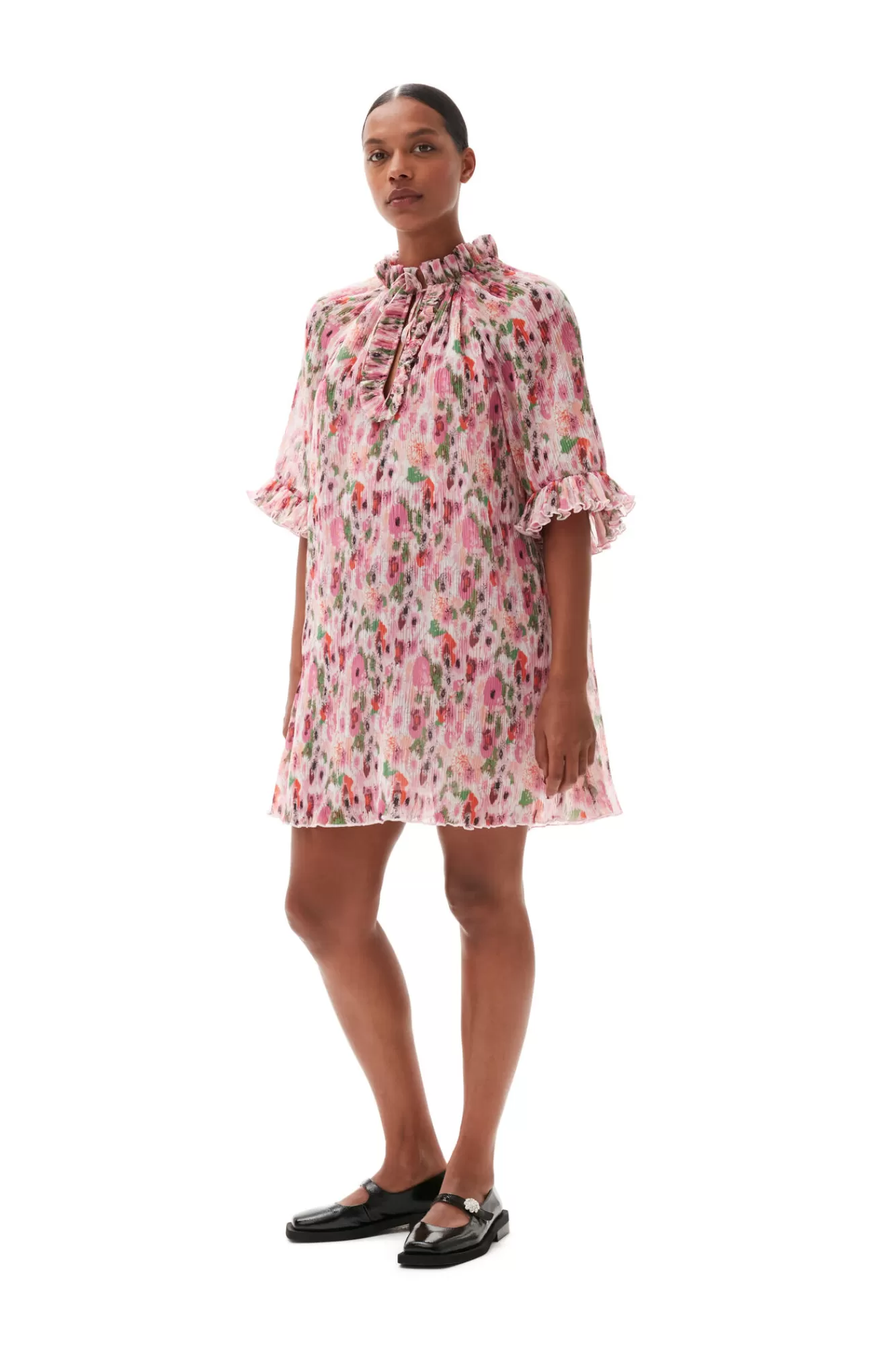 Pleated Georgette Ruffle Mini Dress>GANNI New
