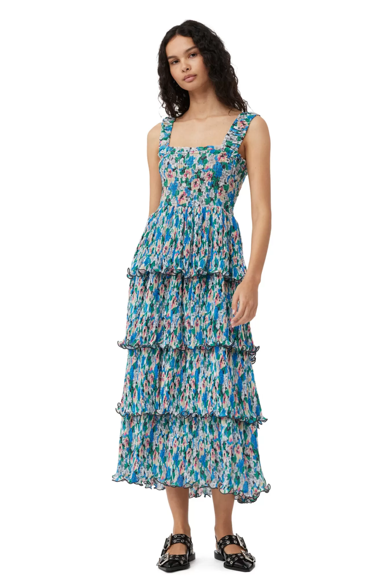 Pleated Georgette Smock Midi Dress>GANNI New