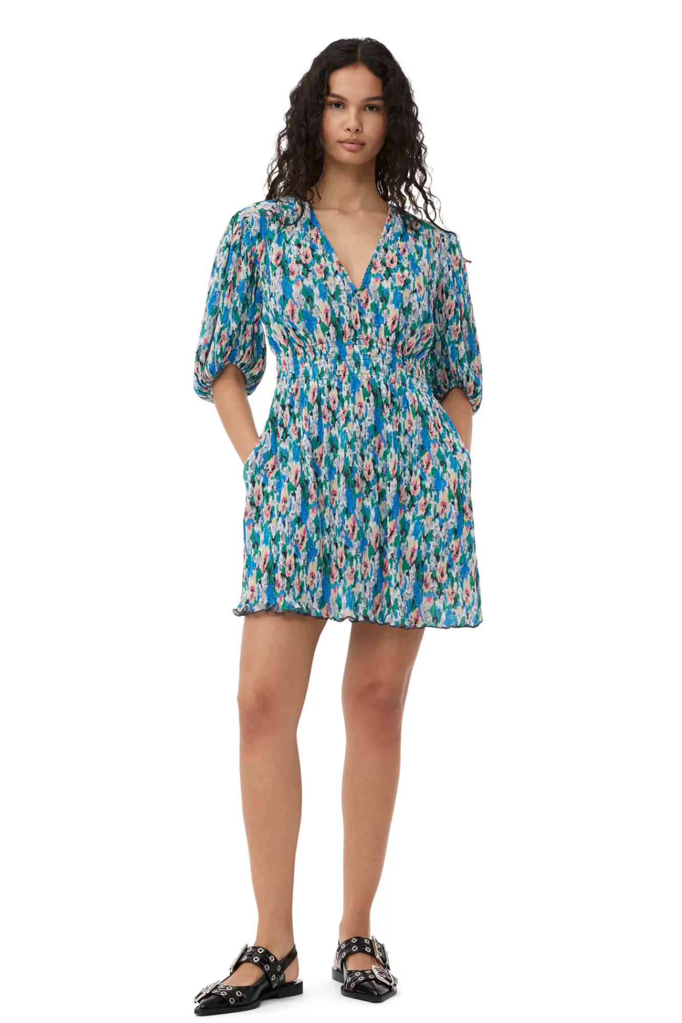 Pleated Georgette V-Neck Mini Dress>GANNI Cheap