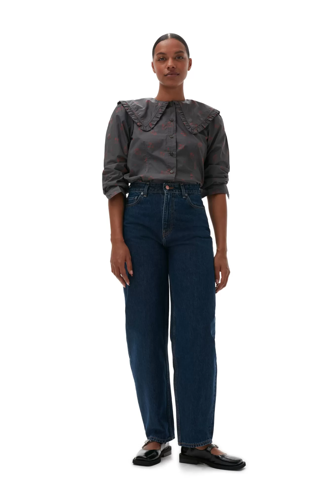 Printed Cotton Frill Collar Shirt>GANNI Cheap