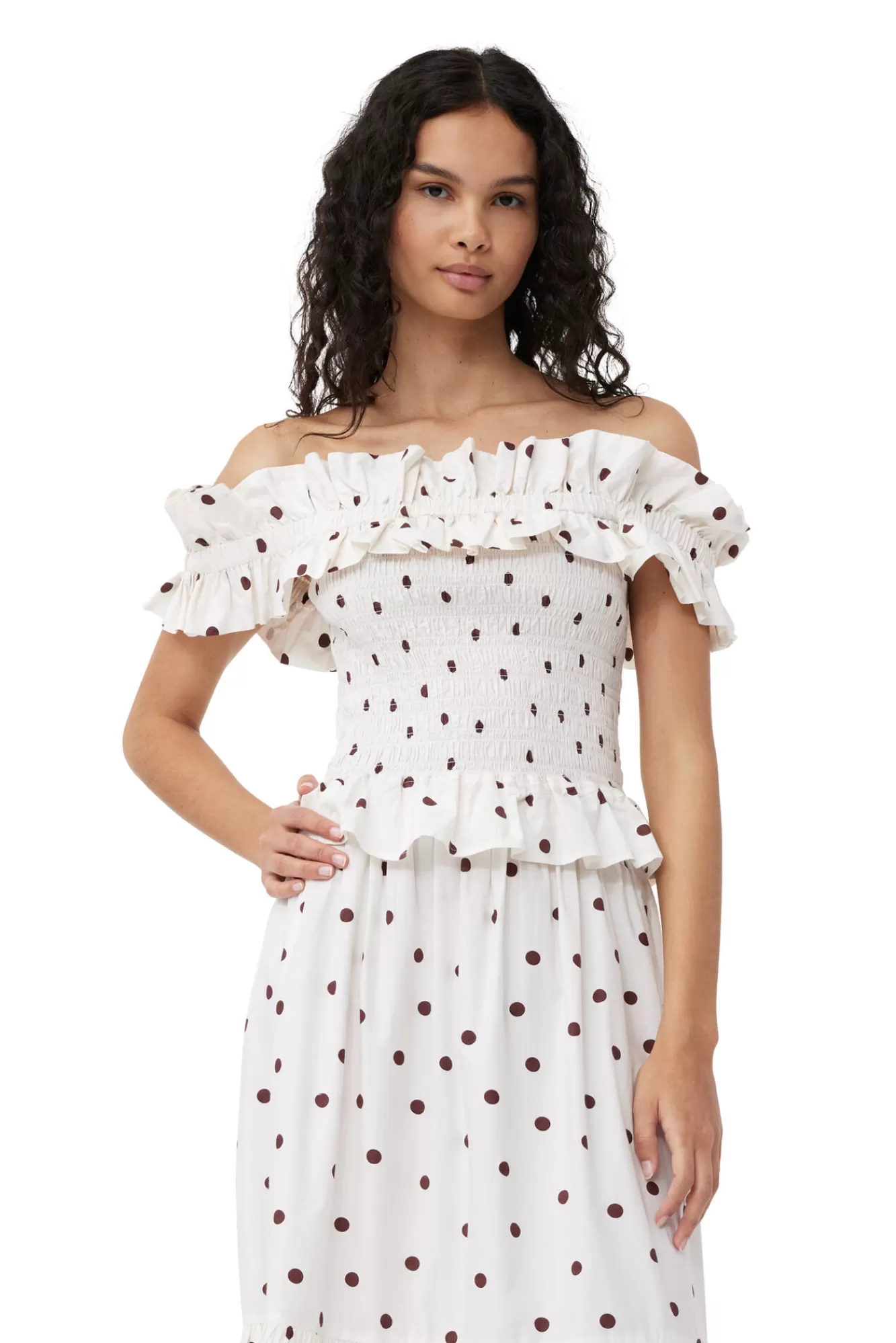 Printed Cotton Off-Shoulder Smock Top>GANNI Online