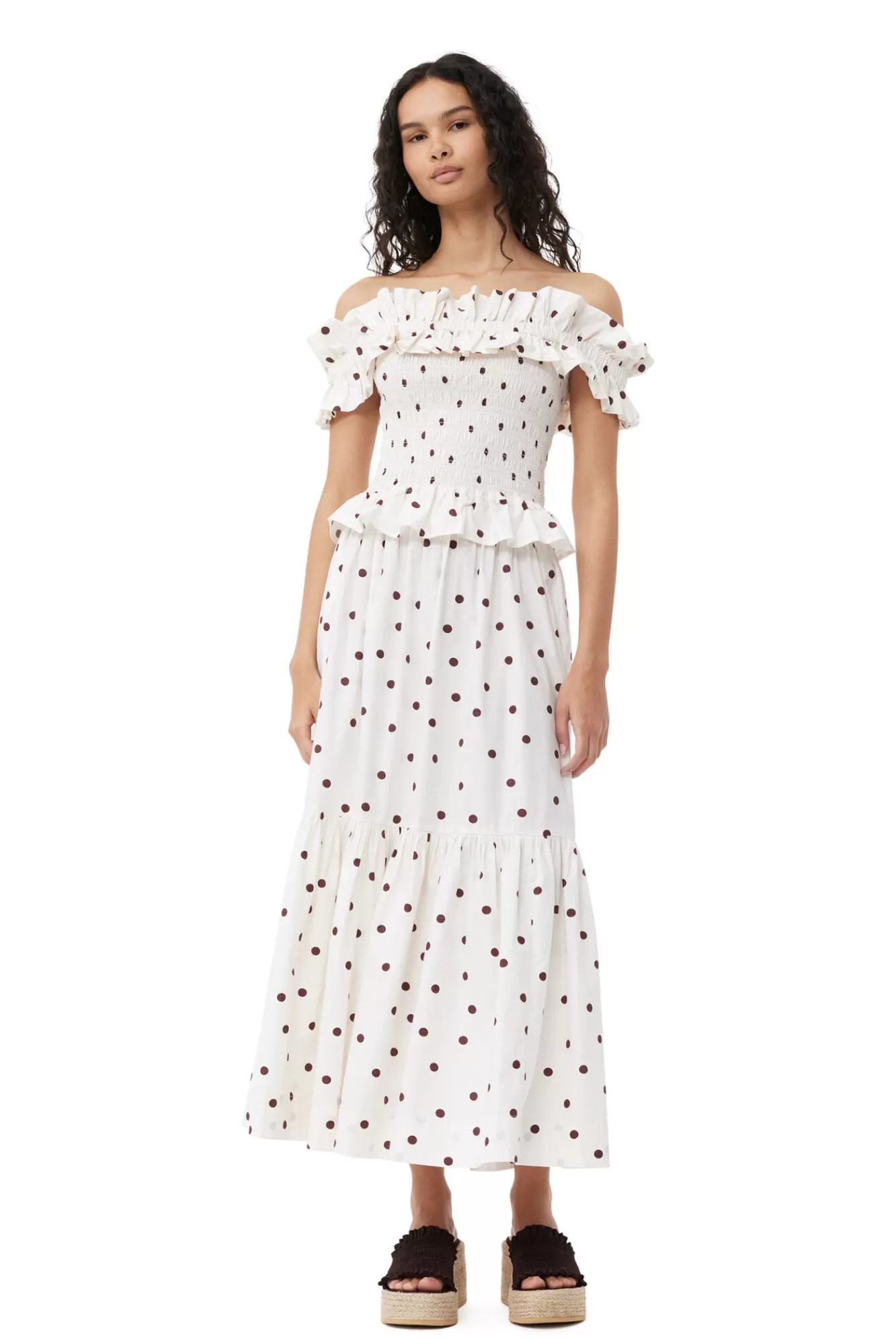Printed Cotton Off-Shoulder Smock Top>GANNI Online