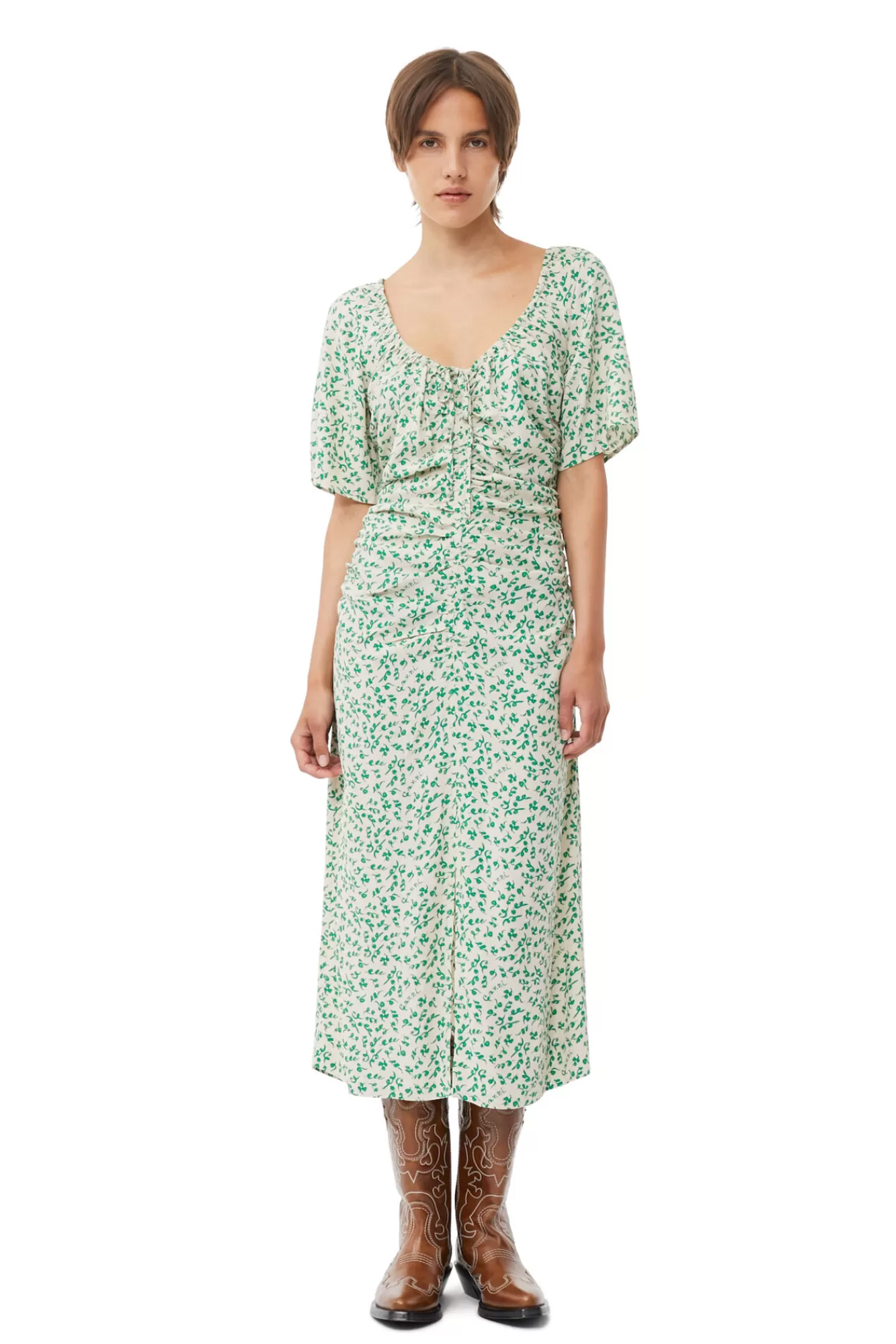 Printed Crepe U-Neck Midi Dress>GANNI Best Sale