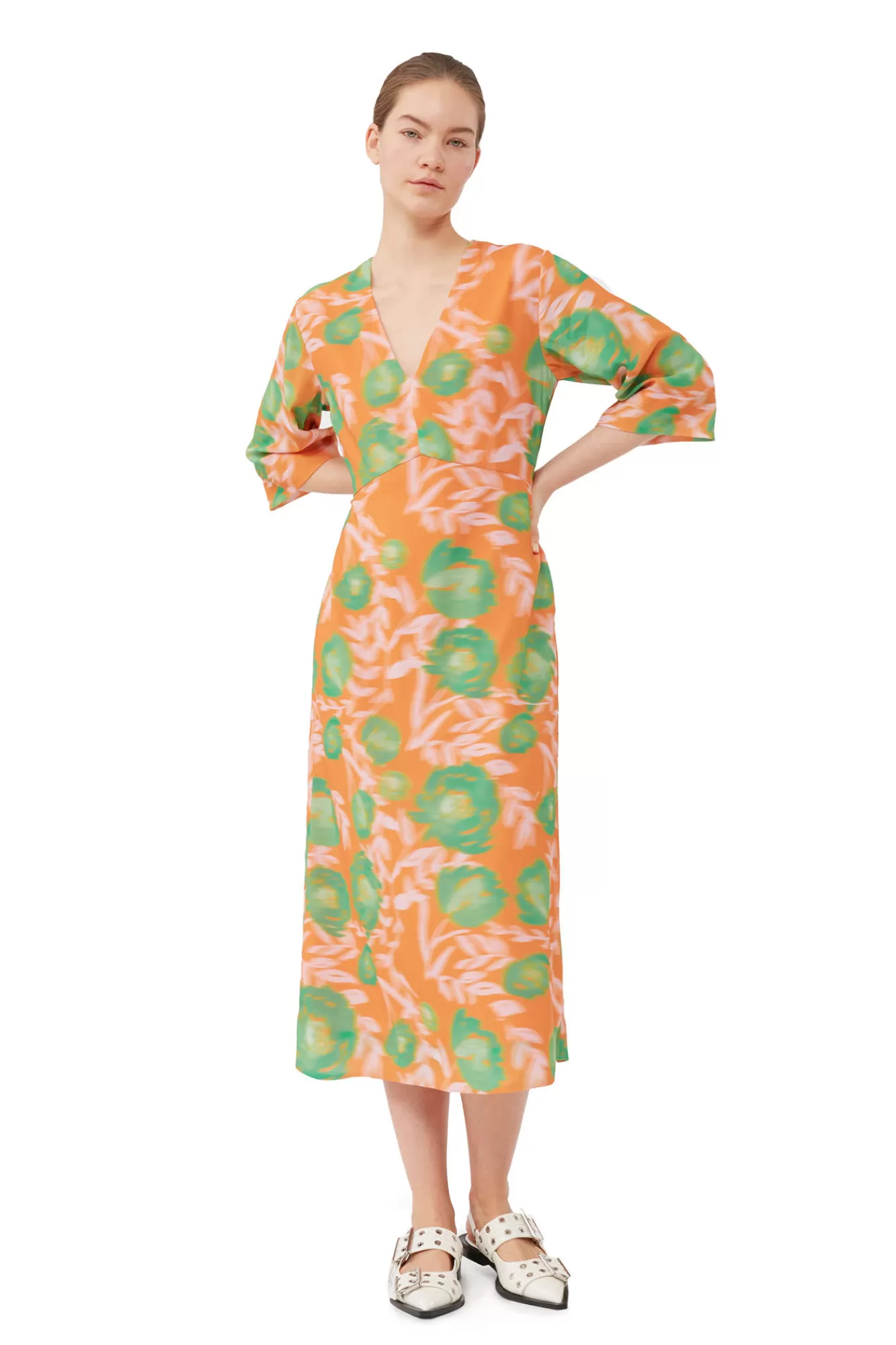 Printed Crepe V-Neck Dress>GANNI Online
