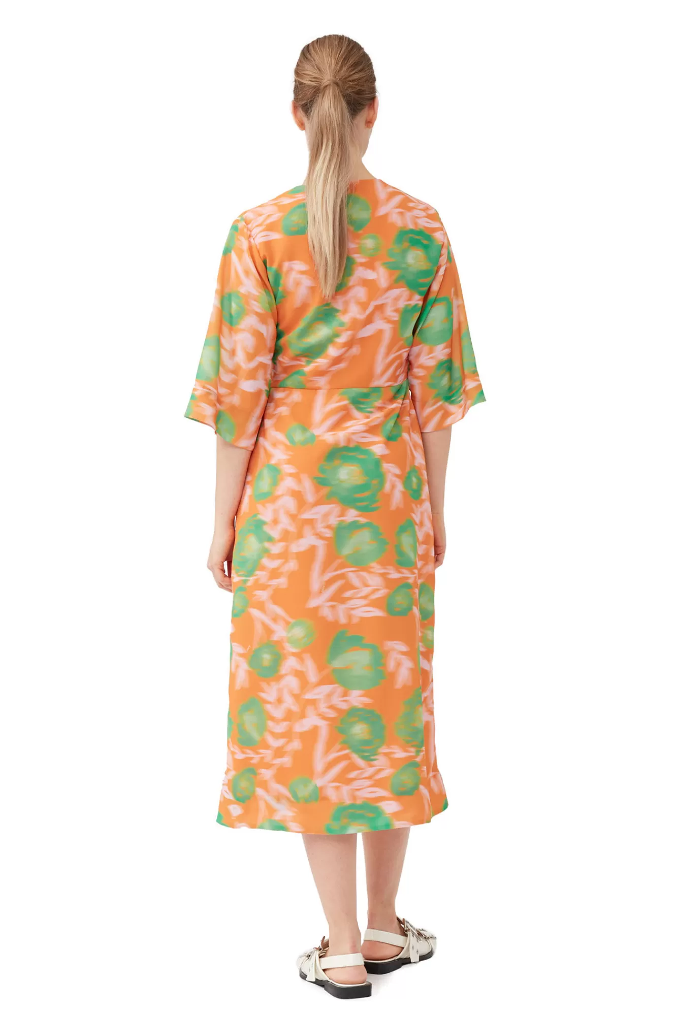 Printed Crepe V-Neck Dress>GANNI Online
