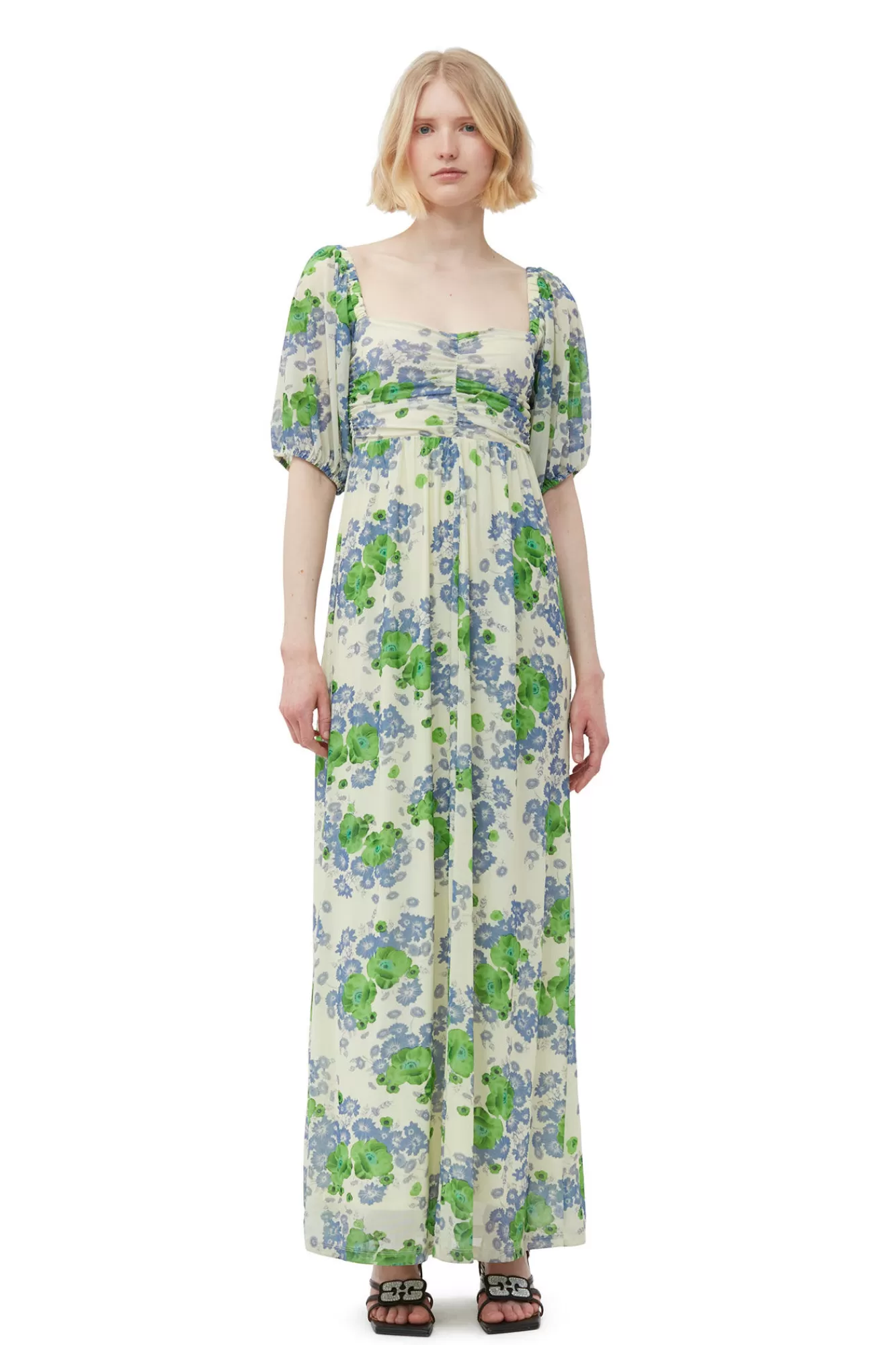 Printed Mesh Puff Sleeves Long Dress>GANNI Cheap