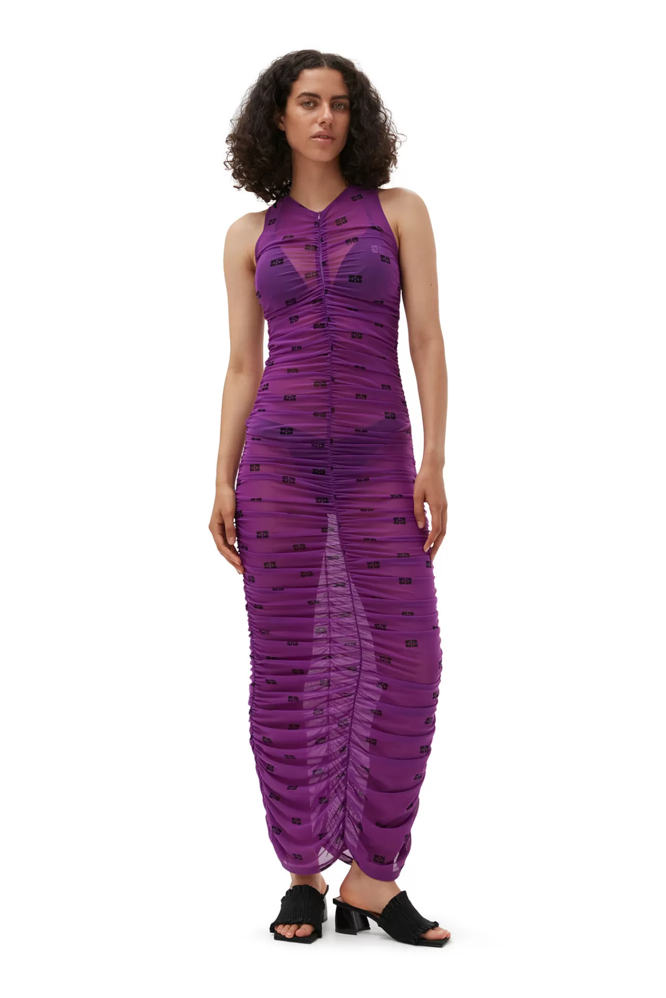 Printed Mesh Ruched Sleeveless Long Dress>GANNI Hot