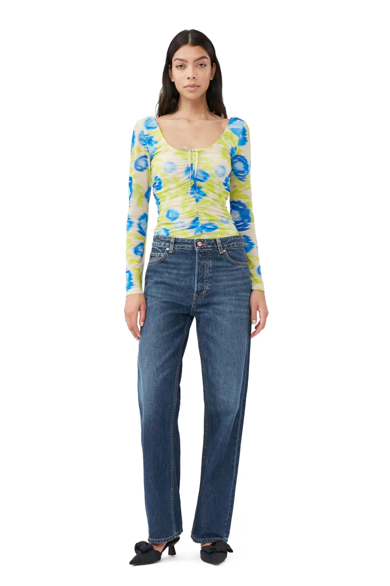 Printed Mesh U-Neck Ruched Blouse>GANNI Discount