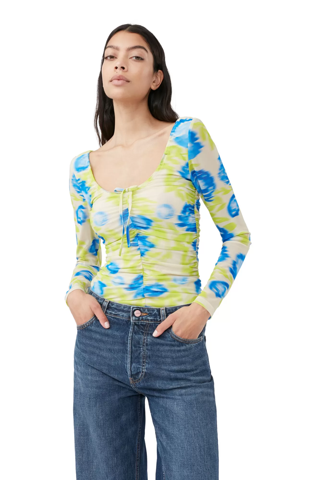 Printed Mesh U-Neck Ruched Blouse>GANNI Discount
