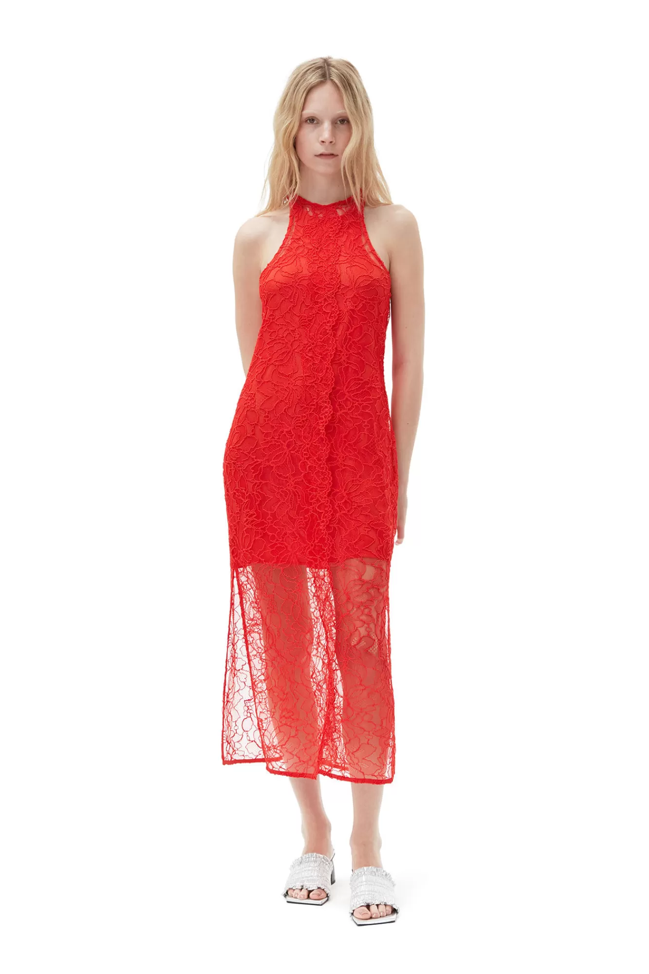Red Lace Halter Neck Dress>GANNI Fashion