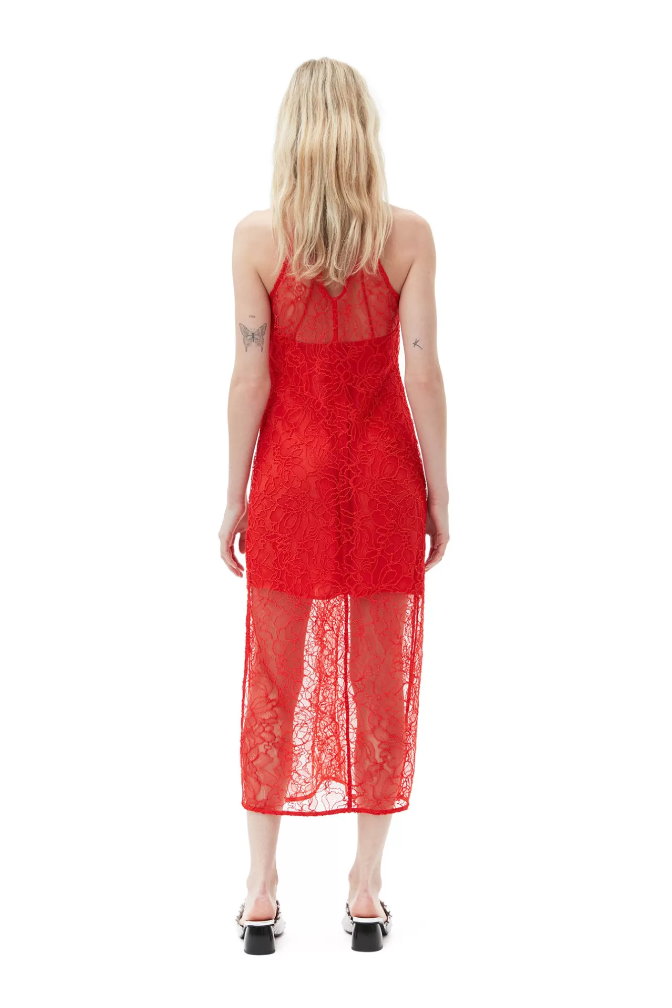 Red Lace Halter Neck Dress>GANNI Fashion