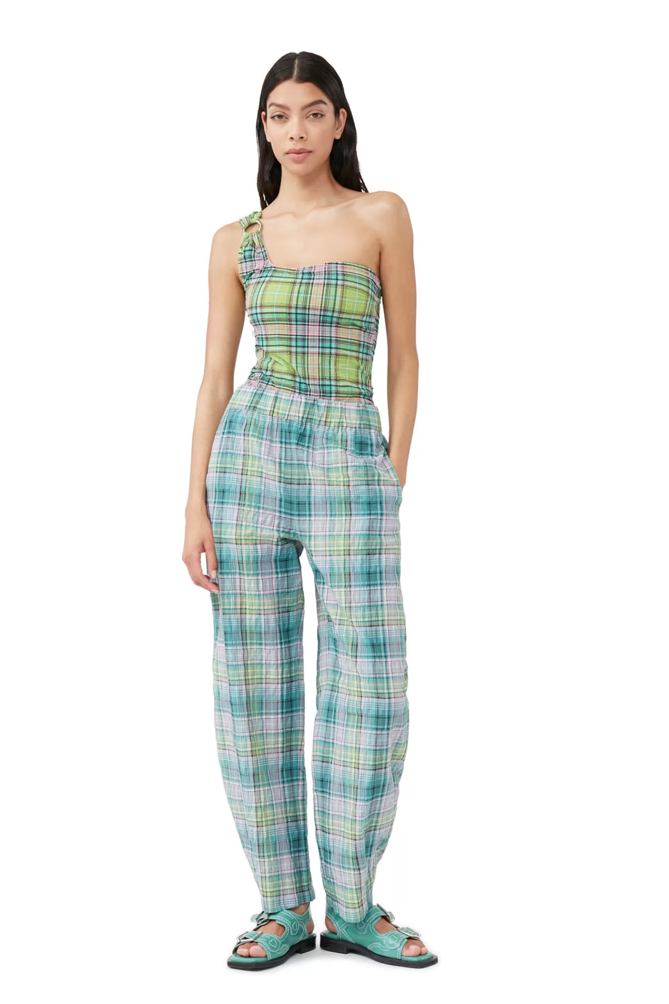 Seersucker Check Elasticated Pants>GANNI Store