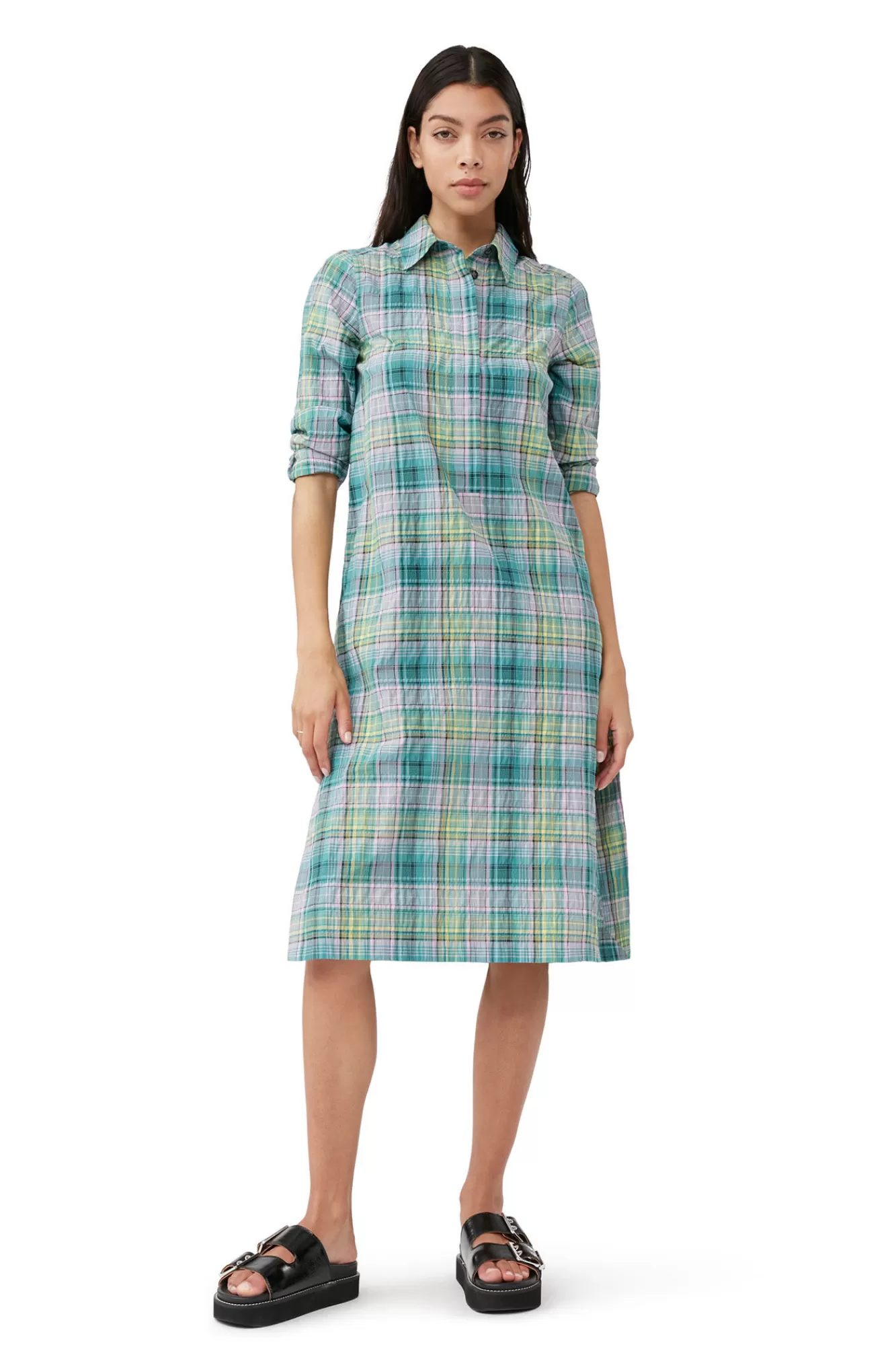 Seersucker Check Shirt Dress>GANNI Store