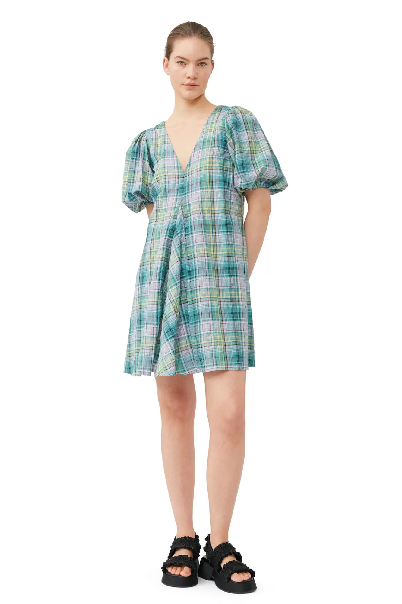 Seersucker Check V-Neck Mini Dress>GANNI Discount