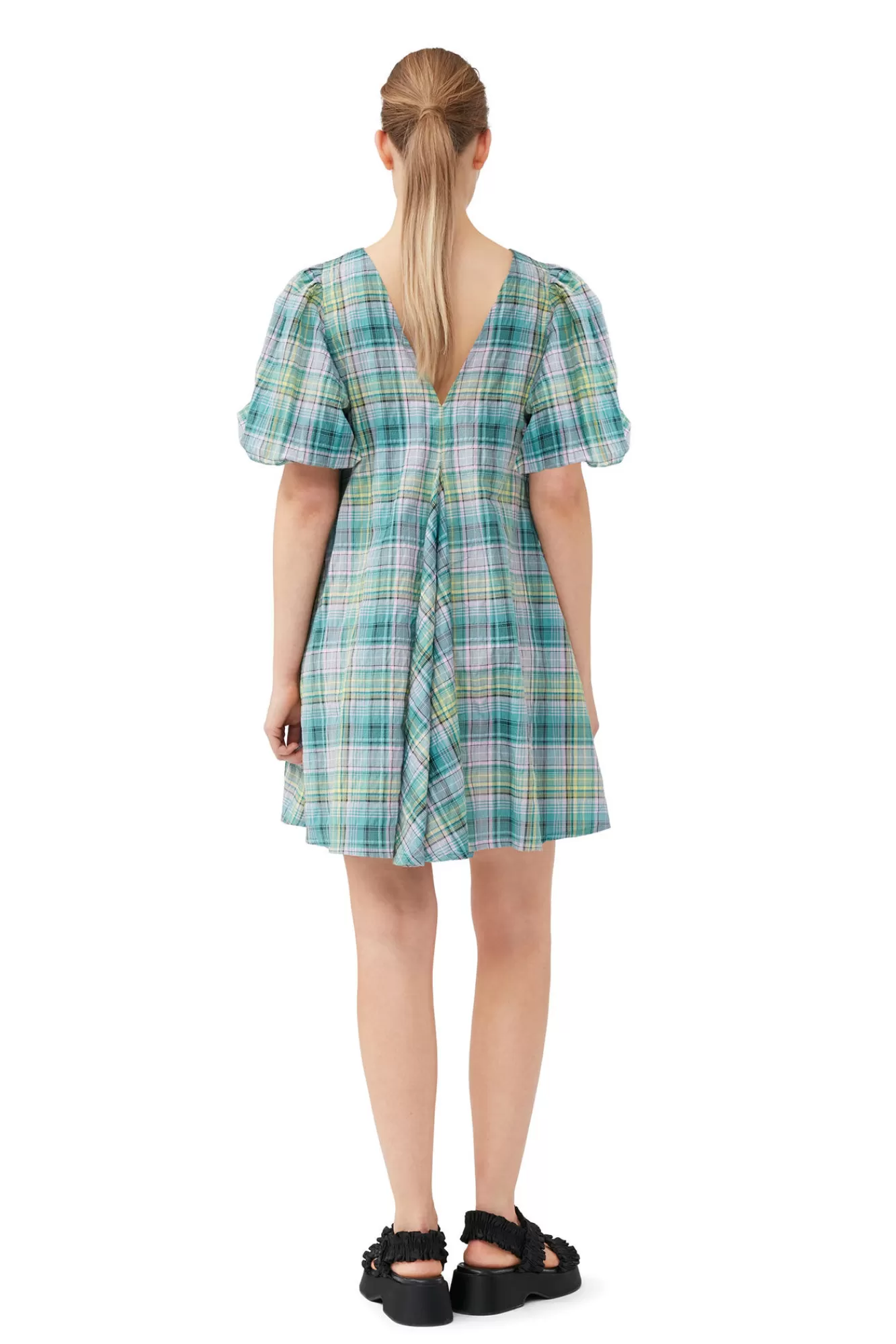 Seersucker Check V-Neck Mini Dress>GANNI Discount