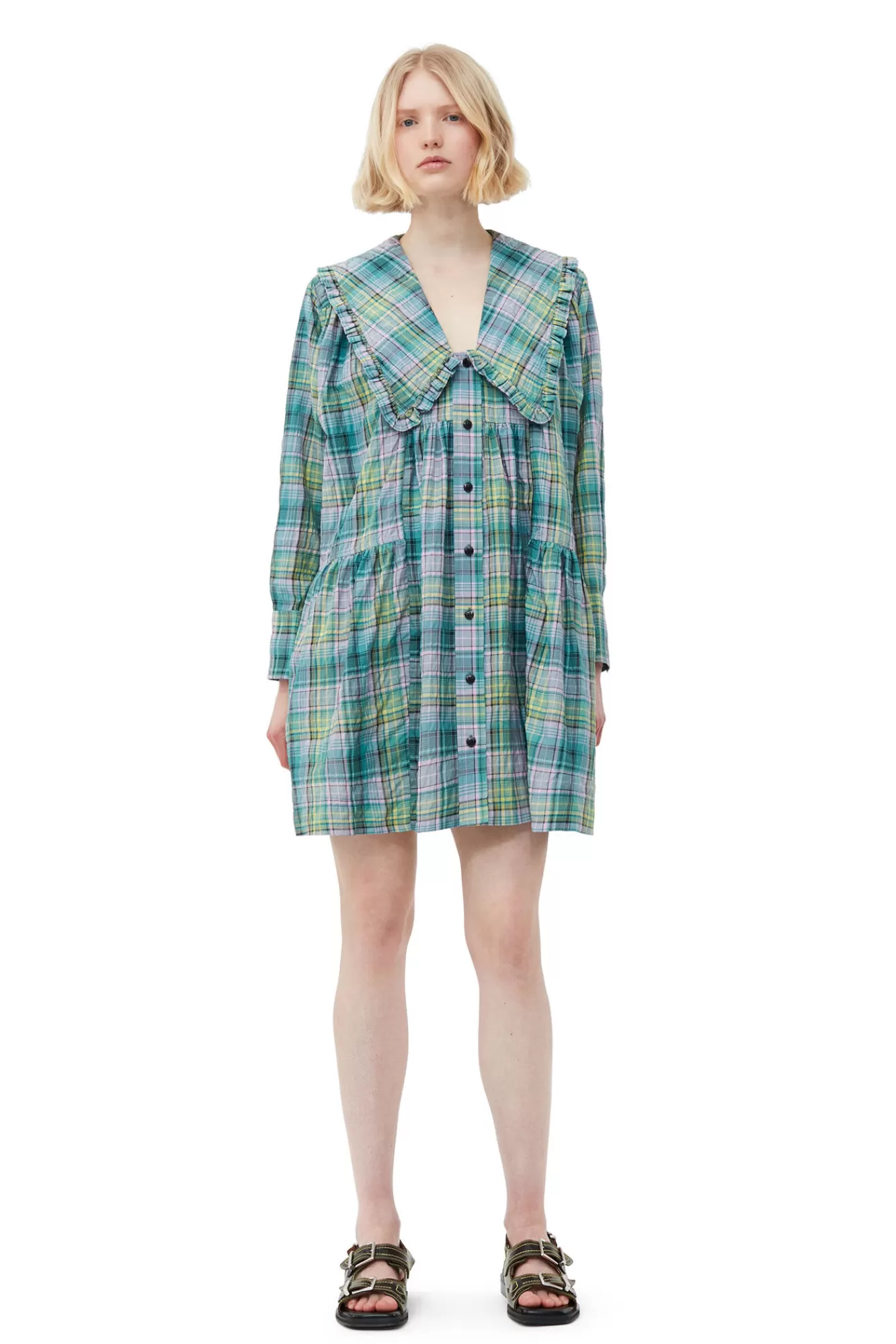 Seersucker Check Wide Shirt Dress>GANNI Cheap
