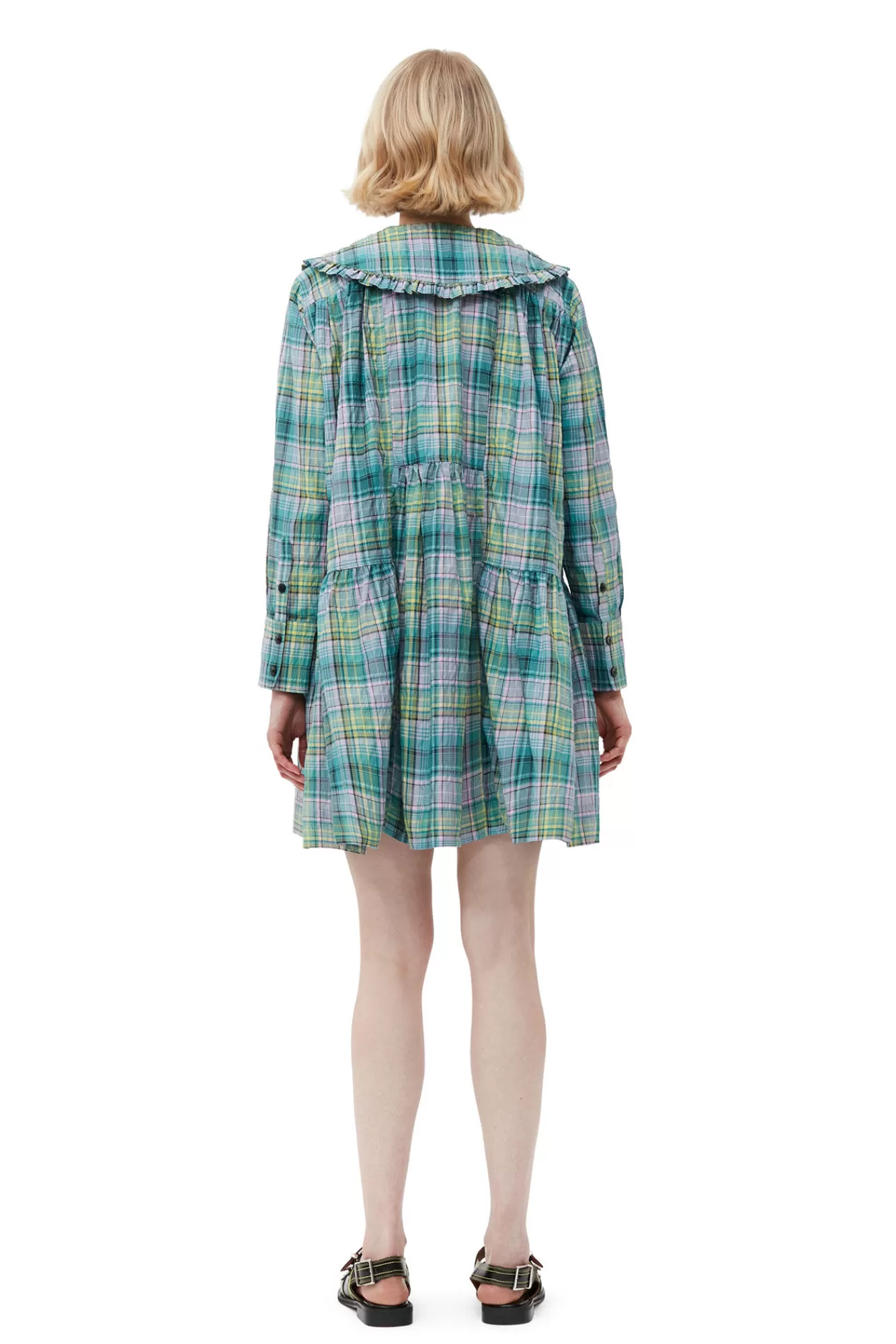 Seersucker Check Wide Shirt Dress>GANNI Cheap