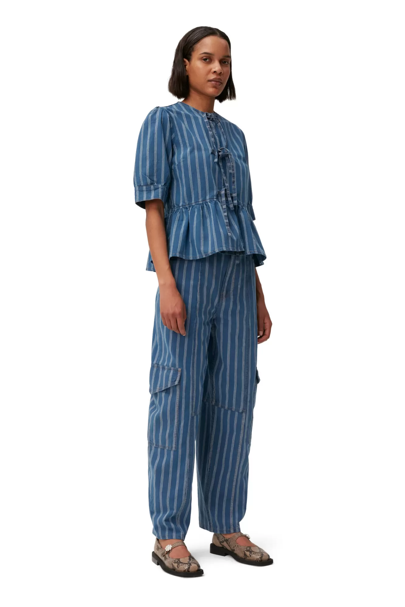 Stripe Denim Cargo Pants>GANNI New