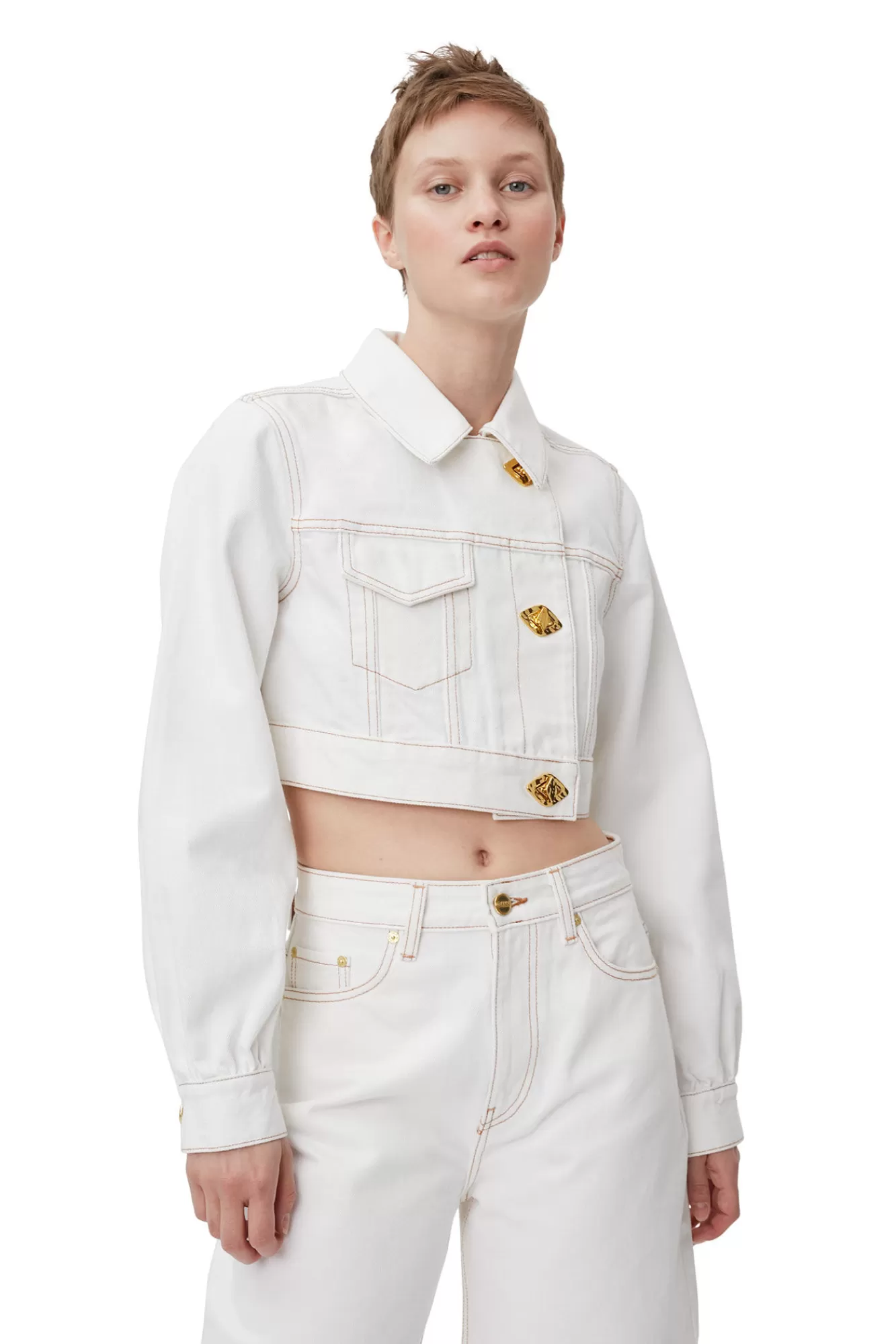 White Denim Cropped Trucker Jacket>GANNI Outlet
