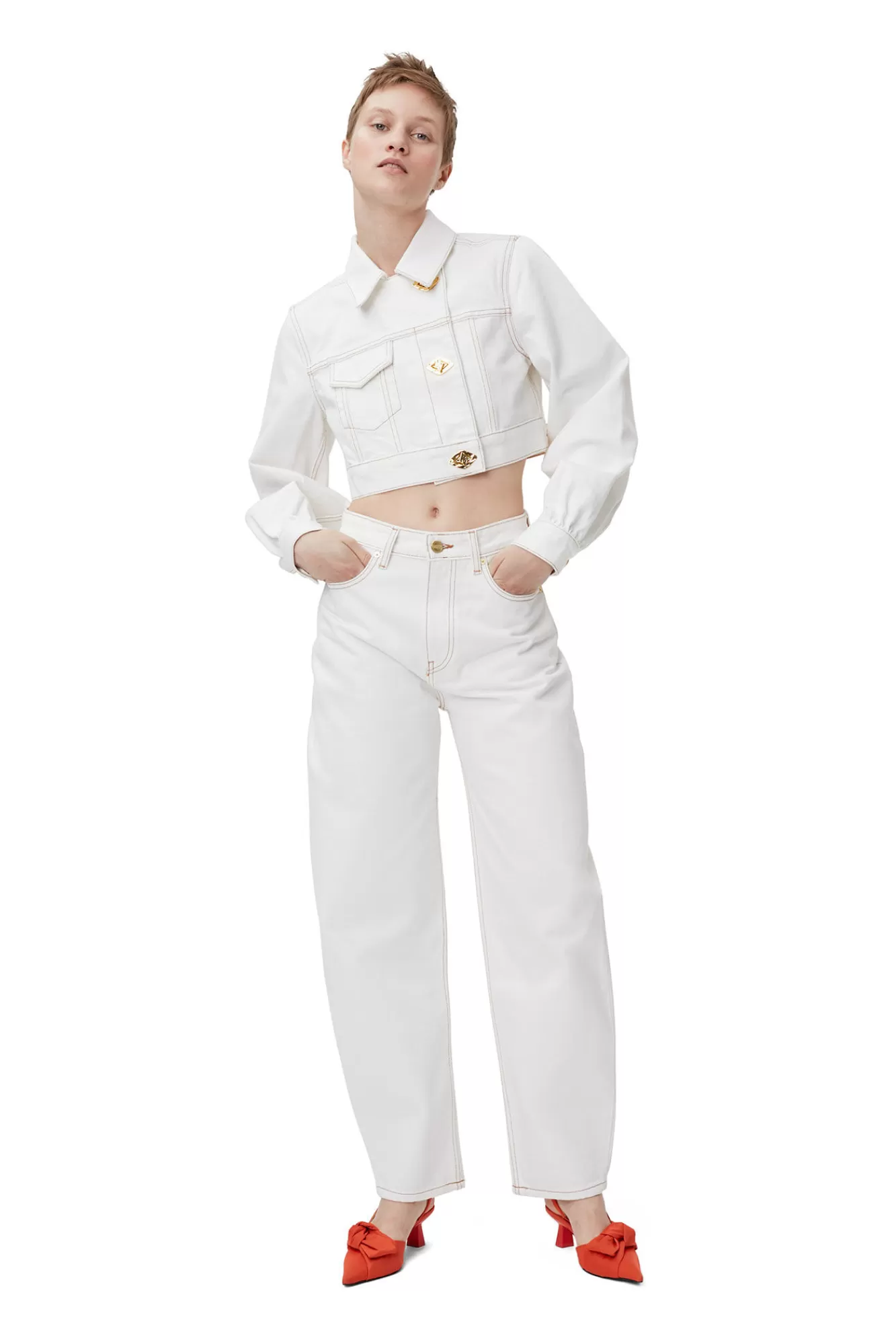 White Denim Cropped Trucker Jacket>GANNI Outlet